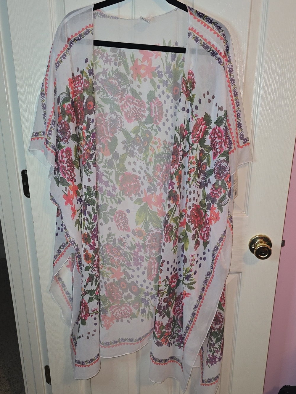 White Floral Sheer Kimono Tunic with Pink & Green Blooms